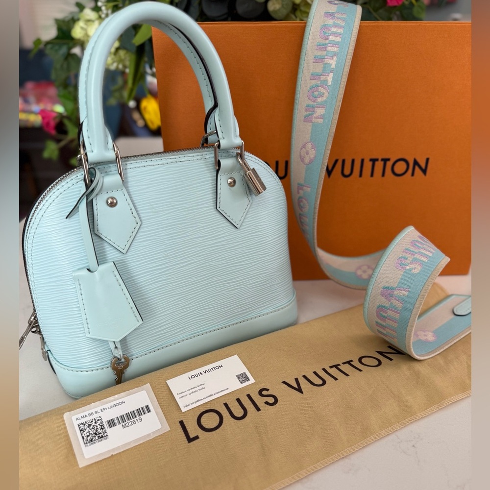 Louis Vuitton Alma BB Crossbody Bag in Light Blue with Pastel Multicolor Strap